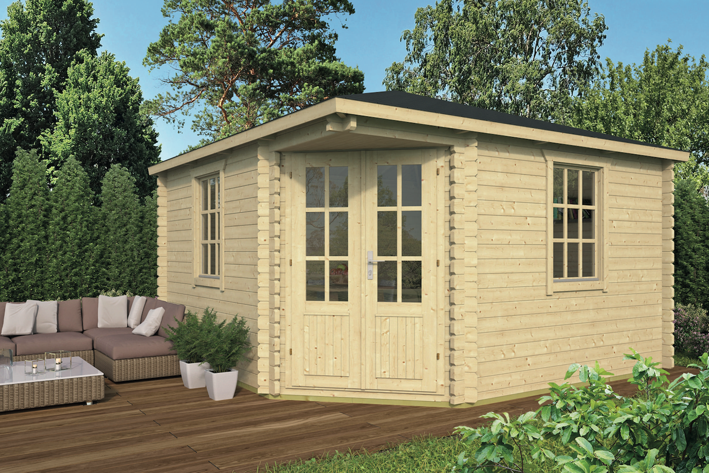 Blockhaus Lotte 400 x 400 cm Eckblockhaus - Wandstarke 44 mm