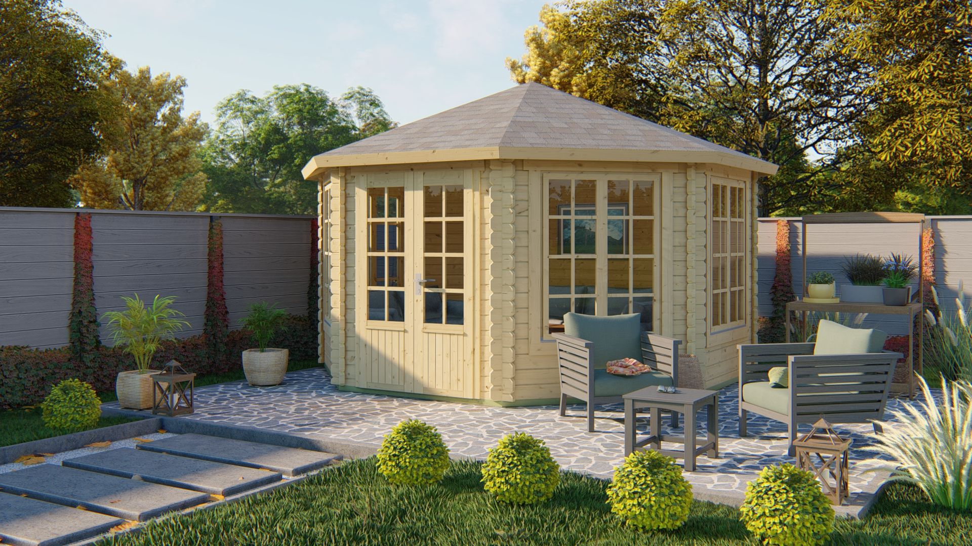 Blockhaus Lynn 427 x 427 cm - Gartenlaube mit Pyramidendach - Wandstarke 44 mm
