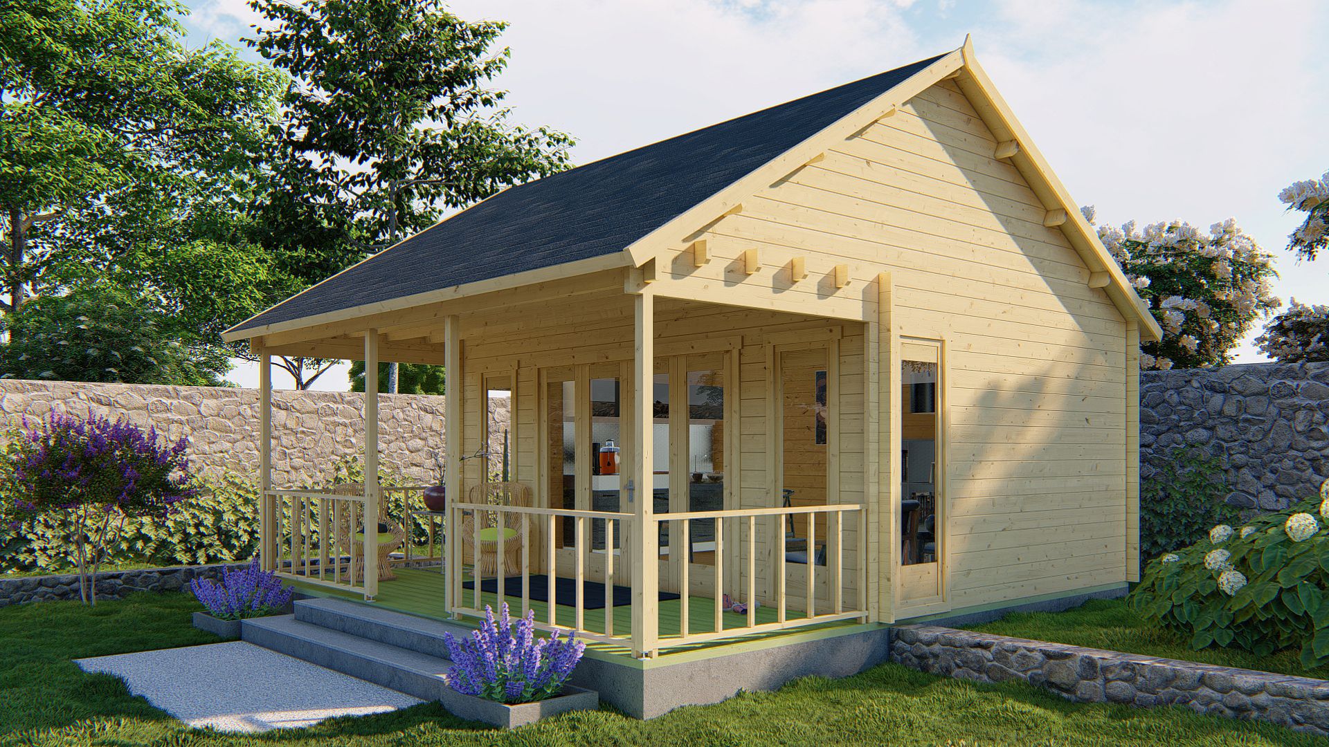 Blockhaus Olaug mit Veranda 550 x 400 + 198 cm (44 mm)