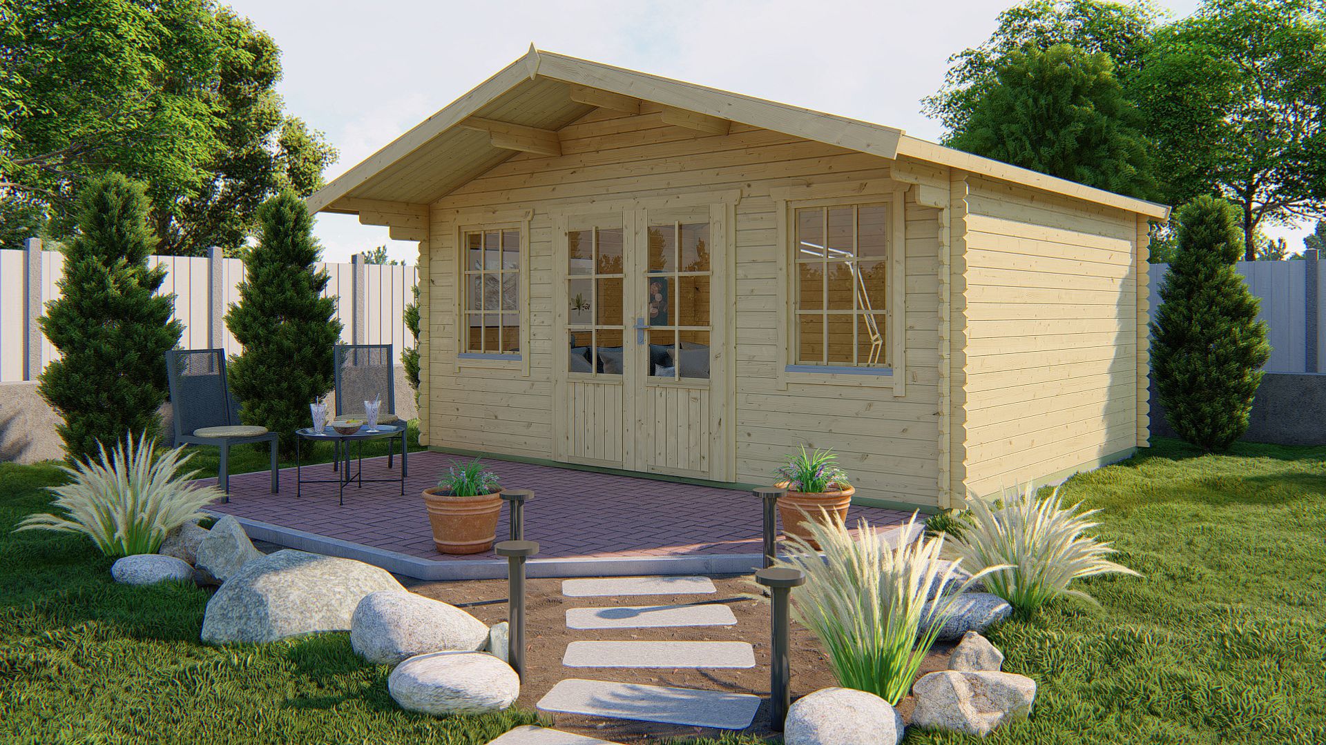 Blockhaus Viggo 500 x 400 x 281 cm mit Vordach von 100 cm - Wandstarke 28 mm