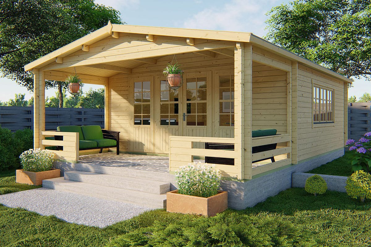 Blockhaus Wigan mit Vordach 540 x 763 cm (58 cm)