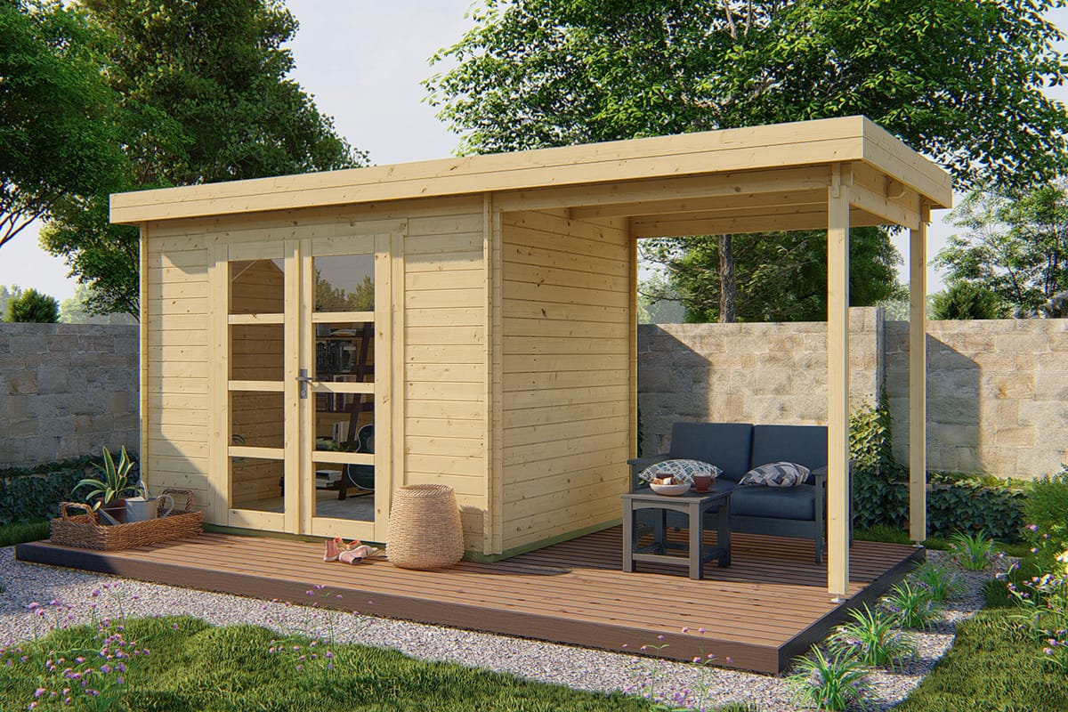 Gartenhaus Mittelmodern mit Uberdachung 300 x 200 x 230 cm | Wandstarke 28 mm