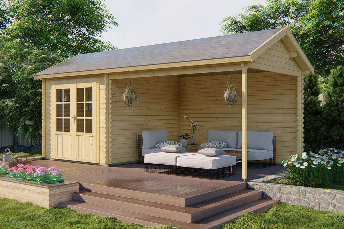  Gartenhaus Ove mit Vordach 590 x 300 x 276 cm - Wandstarke 28 mm