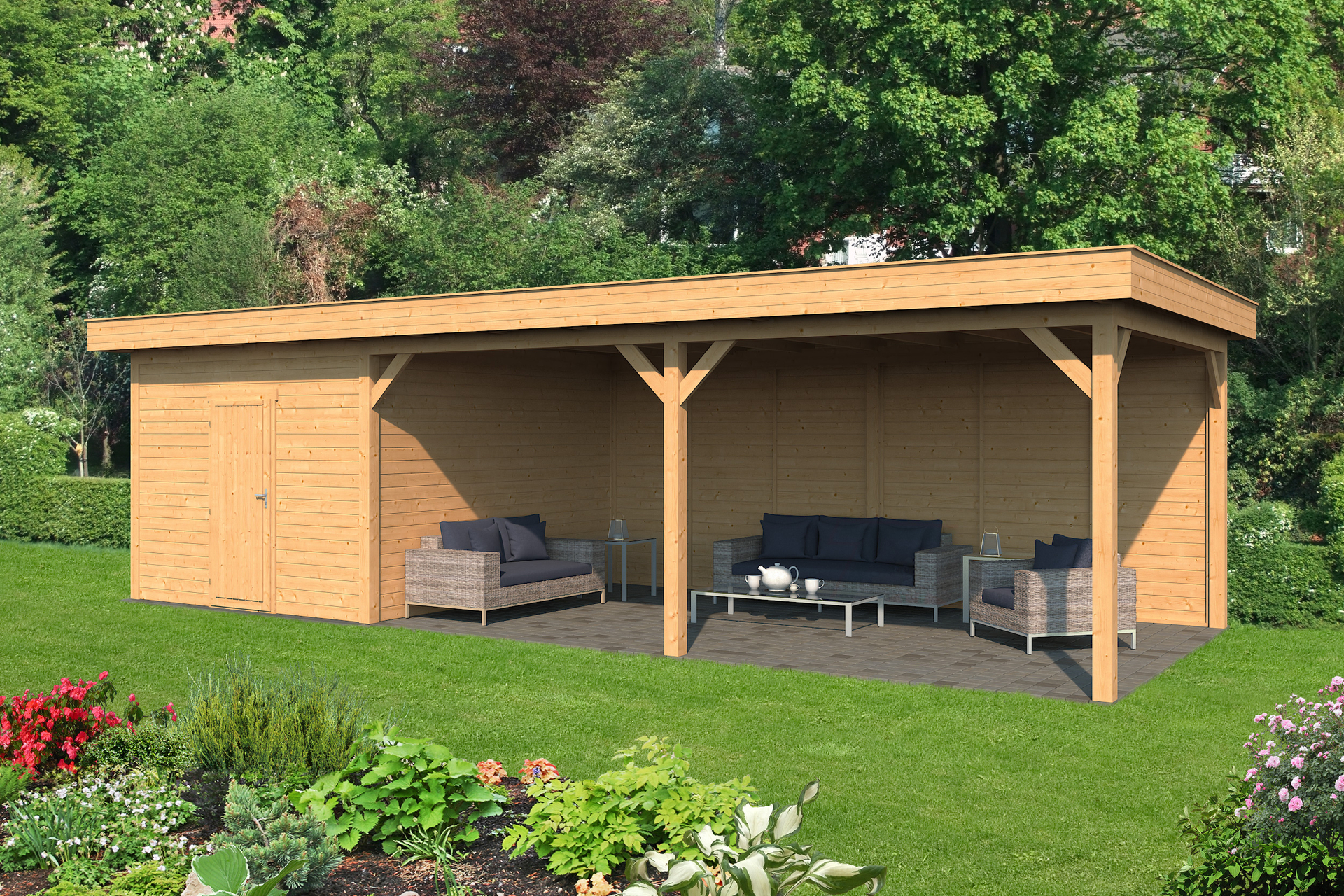 &Uuml;berdachung Oslo XL Typ 7 Douglas 980 x 430 cm - Naturbelassene W&auml;nde inkl. EPDM
