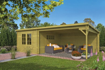 Blockhaus Anton mit seitlichem Anbaudach Grün impragniert 700 x 400 x 217 cm - Wandstarke 40 mm