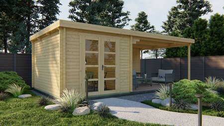 Gartenhaus Gunnar mit Uberdachung 300 + 425 x 400 x 236 cm