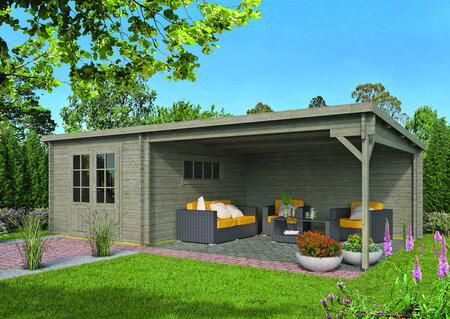 Gartenhaus Anton mit seitlichem Anbaudach Grau impragniert 700 x 400 x 217 cm 